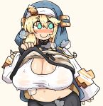  1girl alternate_breast_size belly bike_shorts black_gloves blonde_hair blue_eyes blue_hoodie blue_jacket blush bra breasts bridget_(guilty_gear) cleavage clothes_lift covered_nipples fingerless_gloves gloves guilty_gear guilty_gear_strive hood hood_up hooded_jacket hoodie jacket large_breasts long_sleeves looking_at_viewer navel nose_blush notnoe_(dxcl) open_clothes shirt shirt_lift smile solo sports_bra steaming_body stomach sweat underwear white_bra white_shirt white_sports_bra 