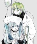  2girls absurdres black_nails food fruit glasses gumi hand_on_another&#039;s_head hatsune_miku highres intravenous_drip lab_coat looking_ahead mask mouth_mask multiple_girls neulbaram open_mouth rope saliva sharp_teeth simple_background slow_downer_(vocaloid) strawberry teeth vocaloid watercolor_effect 