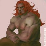  1boy bad_id bad_tumblr_id bara beard brown_background chest_hair closed_mouth colored_skin facial_hair forked_eyebrows ganondorf green_skin hair_slicked_back large_pectorals long_hair male_focus mature_male muscular muscular_male pectorals randombaradude red_hair simple_background sitting solo the_legend_of_zelda thick_beard thick_eyebrows upper_body yellow_eyes 
