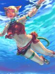  1girl 2021 absurdres adventurer_(ff11) animal_ears armlet artist_name bare_shoulders bikini blonde_hair blue_eyes bracelet breasts cat_ears cat_girl cat_tail circlet dated final_fantasy final_fantasy_xi highres jewelry medium_breasts mithra_(ff11) navel no_eyebrows open_mouth parted_bangs red_bikini sandals short_hair solo swimming swimsuit tail teeth thigh_strap underboob upper_teeth_only wet wet_hair yuccoshi 
