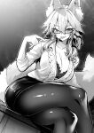  1girl animal_ears bangs breasts cleavage collarbone commentary_request crossed_legs fate/extra fate_(series) fox_ears greyscale highres large_breasts long_hair long_sleeves looking_at_viewer monochrome pantyhose sitting skirt smile solo tamamo_(fate) tamamo_no_mae_(fate/extra) tongue tongue_out wisespeak 