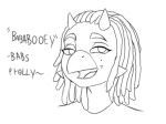 ankylosaurian ankylosaurid ankylosaurus anthro baba_booey babs_(snoot_game) cheek_spikes dialogue dinosaur dreadlocks english_text facial_spikes female horn jaw_spikes looking_at_viewer markings mole_(marking) monochrome narrowed_eyes open_mouth open_smile ornithischian prometheuzone reptile scalie smile snoot_game snout solo spikes spikes_(anatomy) text thyreophoran tongue