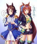  2girls absurdres animal_ears bangs blue_background blue_dress blush breasts brown_eyes brown_hair cleavage closed_mouth cosplay costume_switch cowboy_shot daiwa_scarlet_(umamusume) dress epaulettes gradient gradient_background highres horse_ears horse_girl horse_tail large_breasts long_hair midriff multiple_girls navel parted_lips purple_eyes short_shorts shorts tail thighhighs thighs tiara twintails umamusume vodka_(umamusume) z.nov 