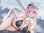  1girl bikini black_bikini blue_archive blush breasts cleavage eimi_(blue_archive) eimi_(swimsuit)_(blue_archive) highres huge_breasts long_hair looking_at_viewer navel pink_eyes pink_hair shira_hon side-tie_bikini_bottom solo swimsuit thighs 