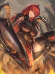  1girl absurdres ahoge armor black_leotard breasts covered_navel day goddess_of_victory:_nikke highres large_breasts leotard lips long_hair looking_at_viewer mecha_musume nihilister_(nikke) outdoors parted_lips phusit red_eyes red_hair smile solo standing 