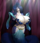 2017 5_fingers apode belly_dancer big_breasts black_sclera blue_hair bottomwear breasts cheriss_(marauder6272) clothing draconcopode eyewear female fingers front_view genitals glasses hair hi_res huge_breasts humanoid lamia legless looking_at_viewer marauder6272 pussy red_eyes reptile round_glasses scalie serpentine signature smile smiling_at_viewer snake solo split_form translucent translucent_bottomwear translucent_clothing year
