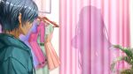  1boy 1girl action_taimanin akiyama_rinko aqua_hair breasts changing_clothes changing_room clothes_hanger dark_skin dress fuuma_kotarou_(taimanin_series) game_cg highres hood hoodie huge_breasts long_hair looking_at_another non-web_source pink_curtains plant silhouette taimanin_(series) 