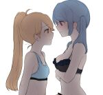  2girls an_sin arms_at_sides bar_censor black_bra blue_bra blue_hair blush bra breasts censored closed_mouth commentary crossed_arms frilled_bra frills from_side futa_with_female futanari kasane_ao kirari_hikaru lone_nape_hair long_hair looking_at_another magia_record:_mahou_shoujo_madoka_magica_gaiden mahou_shoujo_madoka_magica medium_breasts medium_hair multiple_girls nervous orange_hair parted_lips penis ponytail profile purple_eyes simple_background small_breasts sports_bra sweat twintails underwear underwear_only upper_body very_long_hair white_background 