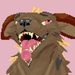  2022 ambiguous_gender anthro bodily_fluids brown_body brown_fur digital_media_(artwork) excited fur hyaenid iltedaliu low_res mammal open_mouth pink_background pink_pupils pixel_(artwork) pupils saliva simple_background solo spotted_hyena tongue tongue_out yellow_eyes yellow_teeth 