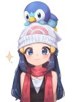  1girl :3 absurdres aqua_eyes beanie black_hair black_shirt blush closed_mouth commentary_request dawn_(pokemon) eyelashes hair_ornament hairclip hat highres korean_commentary long_hair looking_at_viewer on_head pink_scarf pokemon pokemon_(creature) pokemon_dppt pokemon_on_head rtb_(jbsb8423) scarf shirt sidelocks sleeveless sleeveless_shirt smile sparkle tareme upper_body white_background white_headwear 