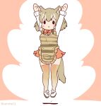  1girl animal_ears apron arms_up bow bowtie coroha extra_ears full_body grey_hair jumping kemono_friends kemono_friends_3 looking_at_viewer pink_background shirt shoes short_hair simple_background skirt solo tail thighhighs thylacine_(kemono_friends) 