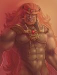  1boy abs armor ash_dickens_(benzyart) bara bare_pectorals beard bottomless circlet colored_skin cowboy_shot facial_hair fur-trimmed_armor fur_trim ganondorf gem gradient_background green_skin highres large_pectorals long_hair looking_at_viewer male_focus mature_male muscular muscular_male navel nipples orange_hair pectorals penis_out_of_frame pointy_ears red_gemstone sharp_teeth shoulder_armor simple_background smile solo teeth the_legend_of_zelda thick_beard veins veiny_arms very_long_hair 
