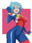  1girl :d absurdres allenby_beardsley antenna_hair ass_visible_through_thighs blue_bodysuit blue_eyes bodysuit breasts breasts_apart clenched_hand commentary covered_navel covered_nipples cowboy_shot eyebrows_visible_through_hair eyelashes g_gundam gundam hair_between_eyes hand_up highres legs_apart light_blue_hair medium_breasts mobile_trace_suit open_mouth smile solo standing teeth thick_thighs thighs two-tone_background upper_teeth v-shaped_eyebrows vanishingknife 