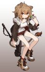  1girl amonitto animal_ears arknights blush boots breasts brown_hair brown_jacket candy choker cleavage cutoffs food fur-trimmed_jacket fur_trim gradient_background hammer holding holding_hammer jacket lion_ears lion_girl lion_tail lollipop long_hair looking_at_viewer open_clothes open_jacket orange_eyes red_shorts red_socks shorts siege_(arknights) small_breasts socks solo tail tank_top white_footwear 