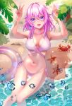  1girl absurdres ball beachball bikini blue_eyes blurry blurry_foreground bokeh breasts caustics collarbone commission crab depth_of_field double_v earrings hair_between_eyes hands_up highres honkai:_star_rail honkai_(series) jewelry large_breasts looking_at_viewer lori_hagami march_7th_(honkai:_star_rail) medium_hair mixed-language_commentary navel pink_bikini pink_hair pixiv_commission single_earring sitting solo swimsuit v water_drop 