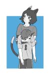  1boy 1girl animal_ears annoyed arm_dangle blue_background body_fur casual cat_ears cat_girl cat_tail chilchuck_tims cowboy_shot dungeon_meshi greyscale_with_colored_background halfling height_difference highres hug hug_from_behind hup_cheop izutsumi korean_commentary long_sleeves looking_down looking_to_the_side monochrome outside_border pants print_shirt shirt short_hair short_sleeves t-shirt tail worried 