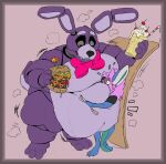 animatronic anthro belly_overhang big_food blush blush_lines bonnie_(fnaf) bow_tie duo five_nights_at_freddy&#039;s food hand_on_wall hi_res lagomorph leporid looking_at_another looking_down machine mammal obese overweight rabbit robot scottgames size_difference tools touching_belly voidflame wrench