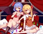  2girls artist_name ascot bangs bat_wings bed black_legwear blonde_hair blue_hair blush breasts collarbone collared_shirt commentary_request crystal curtains eyebrows_visible_through_hair eyelashes flandre_scarlet frills full_moon gem hair_between_eyes hair_ribbon hand_up highres indoors jewelry looking_at_viewer medium_breasts moon multicolored_wings multiple_girls night night_sky no_hat no_headwear no_shoes on_bed one_eye_closed one_side_up open_mouth orange_ascot pillow pink_shirt pointing puffy_short_sleeves puffy_sleeves red_ascot red_eyes red_ribbon red_vest remilia_scarlet ribbon shirt short_hair short_sleeves shorts siblings sisters sitting sitting_on_bed sky smile snozaki socks touhou vest white_legwear white_shirt white_shorts window wings 