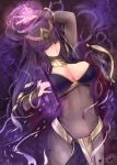  1girl book bracelet breasts cleavage covered_navel fire_emblem fire_emblem_awakening hime_cut jewelry kirishima_satoshi large_breasts leotard long_hair pantyhose purple_eyes purple_hair solo tharja_(fire_emblem) 