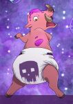 absurd_res ambiguous_gender anthro clothed clothing diaper diaper_only domestic_pig hi_res hooves infantilism mammal purple_background rear_view simple_background skull_symbol slime solo sparkles suid suina sus_(pig) tapirclip topless tusks wearing_diaper white_diaper