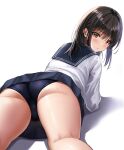  1girl ass black_buruma black_hair blush buruma clothes_lift commentary highres kneepits long_hair looking_at_viewer looking_back lying mole mole_on_ass on_stomach original sailor_collar school_uniform serafuku shadow sidelocks skirt skirt_lift solo thighs white_background yukemuriganmo 