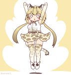  1girl animal_ears arms_up belt blonde_hair bow bowtie brown_background cat_ears cat_girl cat_tail coroha elbow_gloves extra_ears full_body gloves jumping kemono_friends kemono_friends_3 long_hair looking_at_viewer ocelot_(kemono_friends) shirt shoes simple_background skirt sleeveless sleeveless_shirt solo tail thighhighs twintails 