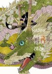  2024 2boys alternate_costume calligraphy_brush character_request chinese_zodiac dragon dragon_riding eastern_dragon facial_hair from_side goatee goatee_stubble hakama hakama_skirt happy_new_year hibino_kafka highres horn_grab horns japanese_clothes kaijuu_no._8 male_focus matsumoto_naoya multiple_boys paintbrush profile short_hair sideburns skirt thick_mustache year_of_the_dragon 