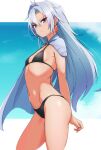  1girl a_(xenoblade) armor bikini black_bikini blue_eyes breasts closed_mouth cowboy_shot earrings glint grey_hair hair_between_eyes hair_intakes highres jewelry kamidan long_hair looking_at_viewer messy_hair navel shoulder_armor single_earring small_breasts solo standing swimsuit xenoblade_chronicles_(series) xenoblade_chronicles_3 xenoblade_chronicles_3:_future_redeemed 