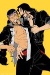  2boys black_hair dark-skinned_male dark_skin facial_hair feet_out_of_frame fighting frown goatee hand_on_another&#039;s_waist highres jabra_(one_piece) long_hair long_mustache male_focus multiple_boys necktie necktie_grab neckwear_grab one_piece rob_lucci same_0m1 shirt thick_eyebrows toned toned_male tsurime yaoi yellow_background 