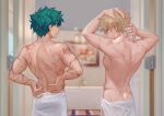  2boys back bakugou_katsuki blonde_hair boku_no_hero_academia green_eyes green_hair male_focus midoriya_izuku multiple_boys red_eyes scar scar_on_back seoltang_(nitro_sugar) short_hair topless_male towel towel_around_waist 