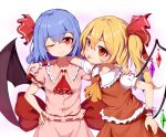  2girls arm_up ascot back_bow bangs bat_wings belt black_ribbon blonde_hair blue_hair blush bow breasts buttons closed_mouth collarbone collared_dress collared_shirt commentary_request crystal dress eyebrows_visible_through_hair eyelashes fang flandre_scarlet frills gem gradient gradient_background hair_between_eyes hair_ribbon hand_on_another&#039;s_shoulder hand_on_hip hand_up jewelry large_bow medium_breasts multicolored_wings multiple_girls no_hat no_headwear one_eye_closed one_side_up pink_dress puffy_short_sleeves puffy_sleeves purple_background red_ascot red_belt red_bow red_dress red_eyes red_ribbon remilia_scarlet ribbon shirt short_hair short_sleeves siblings sisters smile snozaki standing tongue tongue_out touhou white_background white_shirt wings wrist_cuffs yellow_ascot 
