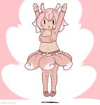 1girl arms_up belt coroha fins full_body head_fins japanese_pancake_devilfish_(kemono_friends) jumping kemono_friends kemono_friends_3 looking_at_viewer navel pink_background pink_hair shirt shoes short_hair simple_background skirt solo thighhighs 