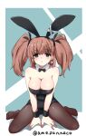  1girl absurdres ame-rain animal_ears atlanta_(kancolle) bare_shoulders black_leotard black_pantyhose blue_background blush bow bowtie breasts brown_hair cleavage covered_navel detached_collar earrings fake_animal_ears grey_eyes highleg highleg_leotard highres jewelry kantai_collection large_breasts leotard long_hair pantyhose playboy_bunny rabbit_ears sitting smile solo star_(symbol) star_earrings strapless strapless_leotard traditional_bowtie twitter_username two_side_up wariza white_background wrist_cuffs 