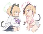  2girls animal_ear_headphones animal_ears atat250 barefoot black_skirt black_socks blonde_hair blue_archive blush bow cat_ear_headphones cat_ears cat_tail child cropped_shirt fake_animal_ears full_body green_bow green_eyes green_halo grey_shorts hair_bow halo headphones highres kneehighs long_sleeves low-tied_sidelocks midori_(blue_archive) momoi_(blue_archive) multiple_girls open_mouth pink_eyes pink_halo pink_shirt red_bow shirt short_hair short_shorts shorts siblings simple_background sisters sitting skirt sleeveless sleeveless_shirt socks tail twins wariza white_background white_shirt 