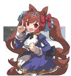  1girl amonitto animal_ears blue_jacket blush bow bowtie breasts brown_hair center_frills clenched_hand confetti cowboy_shot daiwa_scarlet_(umamusume) frills hair_bow hair_intakes hands_up highres horse_ears horse_girl horse_tail index_finger_raised jacket juliet_sleeves long_hair long_sleeves looking_at_another looking_at_viewer open_mouth puffy_sleeves red_eyes shirt skirt small_breasts smile solo sweat tail tiara twintails umamusume white_shirt white_skirt 