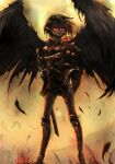  1girl absurdres alternate_costume armor bird_wings black_feathers black_hair black_thighhighs black_wings commentary english_commentary feathers full_body gewitter8 highres holding holding_sword holding_weapon looking_at_viewer mask pointy_ears red_eyes shameimaru_aya short_hair solo standing sword tengu_mask thighhighs touhou weapon wings 