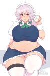 1girl artist_name belka_dog bow braid doughnut eyebrows_visible_through_hair feet_out_of_frame food holding holding_food izayoi_sakuya looking_at_viewer maid_headdress midriff navel plump red_eyes shadow short_sleeves smile solo straight-on thick_thighs thighhighs thighs touhou twin_braids white_legwear wing_collar wrist_cuffs zettai_ryouiki 