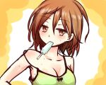  1girl bare_shoulders bow breasts brown_eyes brown_hair cleavage commentary_request food food_in_mouth green_tank_top hair_between_eyes hot i.u.y light_blush looking_at_viewer medium_breasts medium_hair messy_hair misaka_worst popsicle popsicle_in_mouth solo sweat tank_top toaru_majutsu_no_index upper_body yellow_background 
