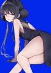  absurdres bare_back bare_shoulders black_dress black_hair blue_archive blue_background china_dress chinese_clothes double_bun dress enomoto_nao gloves hair_bun highres kisaki_(blue_archive) simple_background 