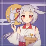  1girl :3 animal_ears blunt_bangs blush collared_shirt dango detached_sleeves food grey_hair highres holding holding_food japanese_clothes kine long_hair long_sleeves looking_at_viewer low_ponytail mallet moon nontraditional_miko orange_eyes original purple_background rabbit rabbit_ears rabbit_girl rageno0000 shirt short_eyebrows sleeveless sleeveless_shirt smile solo thick_eyebrows tsukimi tsukimi_dango upper_body wagashi 