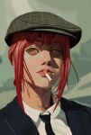  1girl black_necktie business_suit chainsaw_man cigarette close-up collared_shirt diolexcuzeme formal highres long_hair looking_at_viewer makima_(chainsaw_man) necktie office_lady parody peaky_blinders red_hair ringed_eyes shirt sidelocks solo suit white_shirt yellow_eyes 