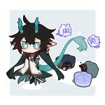  1boy ahoge aqua_eyes aqua_horns aqua_tail black_cat black_footwear black_hair blade_(sesame_cake)_(honkai:_star_rail) bright_pupils cat chibi cleavage_cutout clothing_cutout colored_inner_hair commentary_request critter_pick_(honkai:_star_rail) dan_heng_(honkai:_star_rail) dan_heng_(imbibitor_lunae)_(honkai:_star_rail) detached_sleeves diamond-shaped_pupils diamond_(shape) dragon_tail earrings eyeliner floating highres honkai:_star_rail honkai_(series) horns jewelry jitome long_hair makeup male_focus march_7th_(ice_cake)_(honkai:_star_rail) motion_lines multicolored_hair no_mouth outline pink_cat pointy_ears red_eyeliner rounded_corners shigetake_(buroira) shoes single_detached_sleeve single_earring solo symbol-shaped_pupils tail trailblazer_(trash_cake)_(honkai:_star_rail) very_long_hair white_outline white_pupils wide_sleeves wubbaboo_(honkai:_star_rail) 
