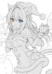  1girl :d aina_rive animal_ear_fluff animal_ears blue_eyes blush bow breasts brown_eyes capelet cat_ears cat_girl cat_tail christmas cleavage dress finger_to_cheek fur-trimmed_capelet fur-trimmed_dress fur_trim gift hair_between_eyes hair_intakes hair_ornament hat heterochromia holding holding_gift holly_hair_ornament large_breasts long_bangs looking_at_viewer mauve original partially_colored pom_pom_(clothes) santa_costume santa_hat sketch smile solo strapless strapless_dress tail unfinished 