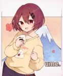  1girl absurdres blush earrings flower food food_print hair_ornament hairclip highres holding holding_food jewelry long_sleeves looking_at_viewer mount_fuji mountain onigiri onigiri_print open_mouth original pants plum_blossoms rageno0000 red_eyes red_hair romaji_text short_hair smile solo 