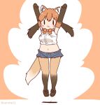  1girl animal_ears arms_up bow bowtie brown_background brown_hair coroha elbow_gloves extra_ears full_body gloves jumping kemono_friends kemono_friends_3 long_hair looking_at_viewer maned_wolf_(kemono_friends) navel pantyhose shirt shoes shorts simple_background sleeveless sleeveless_shirt solo tail twintails wolf_ears wolf_girl wolf_tail 