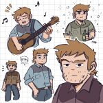  1boy bara beard_stubble brown_hair cheek_bulge cropped_legs forked_eyebrows guitar highres instrument jitome long_sideburns male_focus multiple_views music notice_lines phong953h scott_pilgrim_(series) scott_pilgrim_takes_off short_hair sideburns singing sketch sparse_stubble stephen_stills thick_eyebrows 