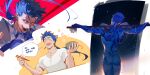  1boy absurdres animal_ears armor ass back blue_bodysuit blue_hair bodysuit bowl chinese_text chopsticks closed_eyes collarbone cu_chulainn_(fate) cu_chulainn_(fate/stay_night) dog_ears earrings evil_grin evil_smile extra_ears fangs fate/grand_order fate_(series) gae_bolg_(fate) grin highres holding holding_bowl holding_chopsticks holding_polearm holding_weapon jewelry long_hair long_sleeves looking_at_viewer male_focus multiple_views muscular muscular_male open_mouth pauldrons polearm red_eyes short_hair short_sleeves shoulder_armor smile speech_bubble teeth tobu_0w0 translated weapon 