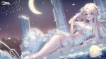  1girl absurdres architecture azur_lane bikini blonde_hair blue_eyes breasts brest_(azur_lane) brest_(marine_muse)_(azur_lane) cleavage column crescent_moon english_commentary greco-roman_architecture hand_in_own_hair highres large_breasts long_hair lying manjuu_(azur_lane) milestone_celebration moon night night_sky official_alternate_costume official_art on_side pillar pointy_ears second-party_source showgirl_skirt skirt sky sseli swimsuit water white_bikini white_skirt 