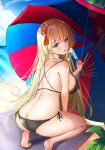  1girl absurdres ass back bangs beach beach_umbrella bikini black_bikini black_swimsuit blonde_hair breasts character_request eyebrows_visible_through_hair food full_body hand_on_floor highres holding holding_food ice_cream large_breasts last_origin lemontea_(ekvr5838) long_hair looking_at_viewer looking_to_the_side ocean open_mouth purple_eyes sideboob sitting solo swimsuit thighs tongue umbrella 