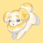  animal_focus artist_name blush brown_eyes colored_skin commentary_request fidough highres iwasi_29 multicolored_skin no_humans open_mouth pokemon pokemon_(creature) simple_background tail twitter_username two-tone_skin white_skin yellow_background yellow_skin 
